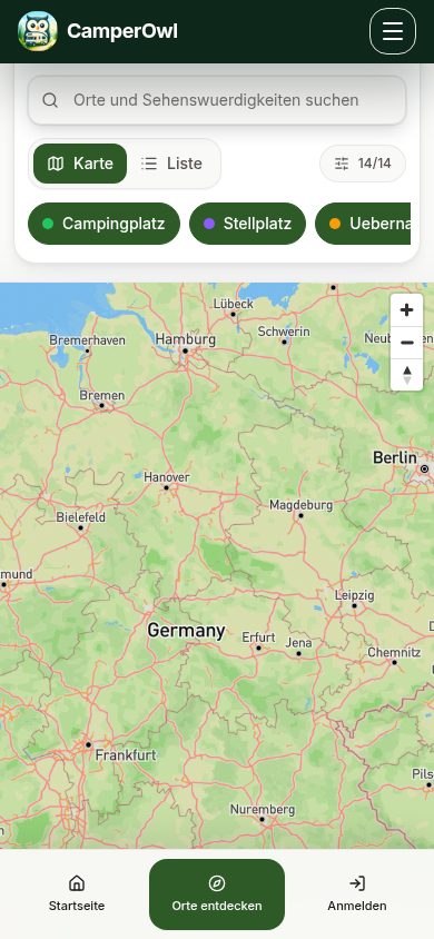 Mobile CamperOwl Ansicht der Orte-Suche mit Bottom-Navigation.