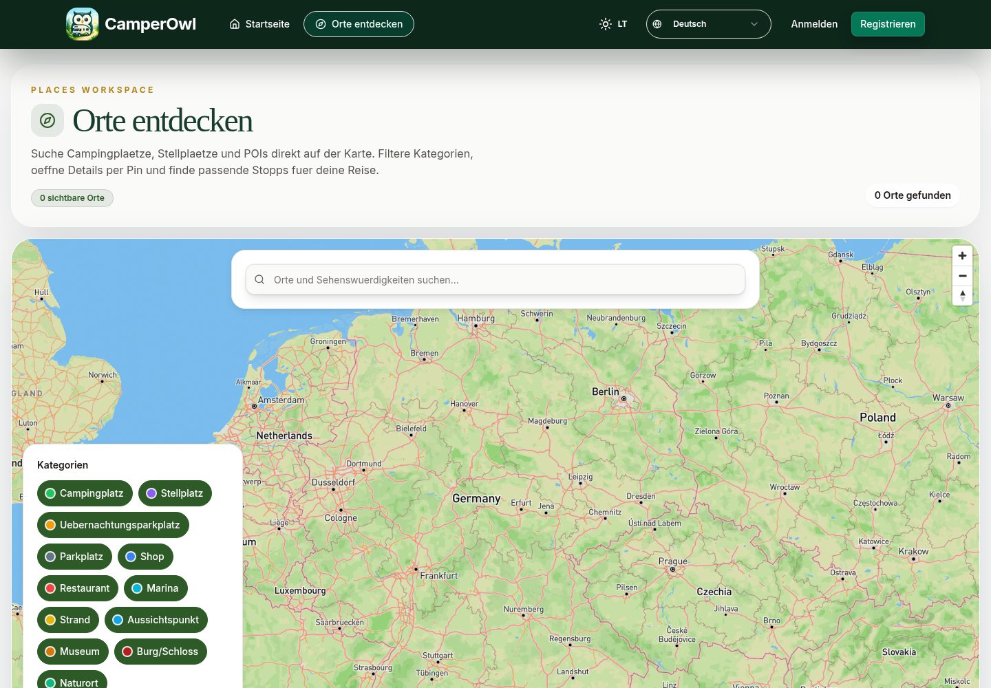 CamperOwl Orte-Workspace mit Suche, Kategorie-Filtern und Kartenbereich.