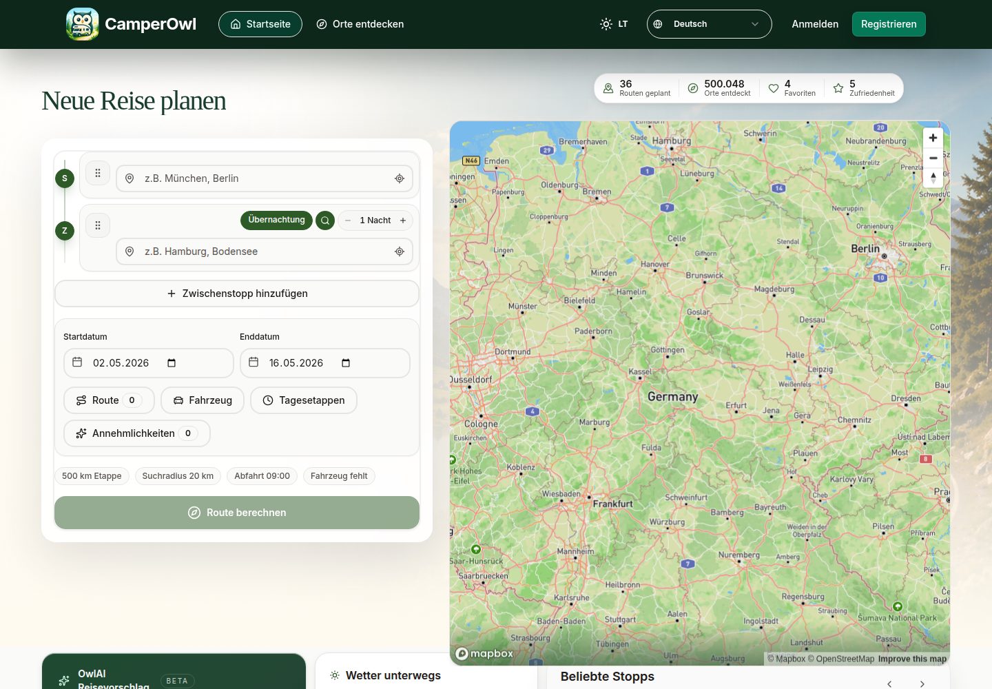 CamperOwl Routenplaner mit Start, Ziel, Reisedaten, Statuskennzahlen und Kartenbereich.